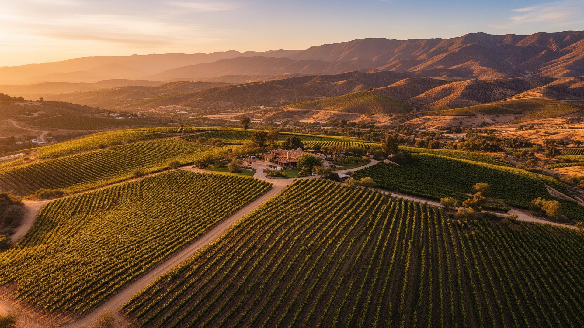 Valle de Guadalupe vineyards at golden hour